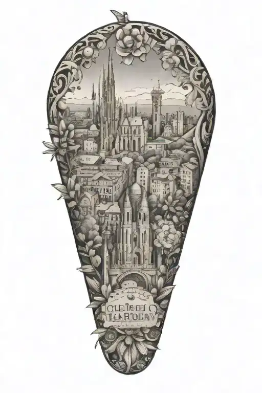 sleeve tattoo featuring the city of Barcelona, native Spanish plants, and a crown tattoo design idea