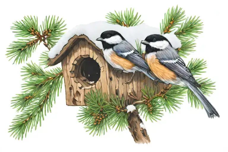 chickadee perched on pine tree with snow on tree tattoo design idea