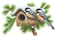 chickadee perched on pine tree with snow on tree tattoo design idea