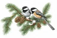 chickadee perched on pine tree with snow on tree tattoo design idea