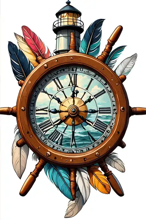 lighthouse with clock inside a ships wheel and indian feathers tattoo design idea