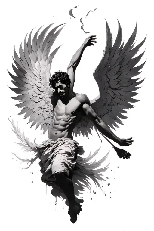 a men falling angel with feathers floating tattoo design idea