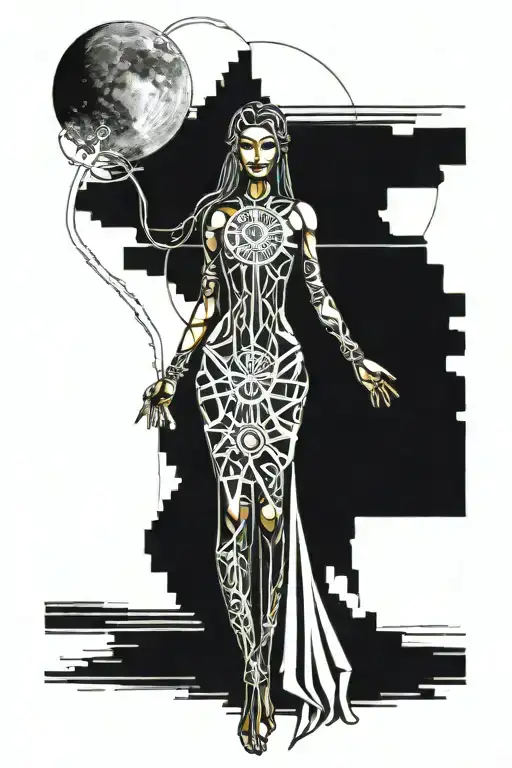 wisdom goddess full body standing powerful sexy full moon rising tattoo design idea