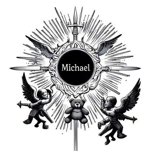 angels with swords fight off the wicked, doves, sun, teddy bear, name Michael tattoo design idea