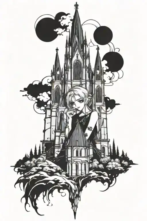 gothic anime girl with gothic church towers background filler tattoo design idea