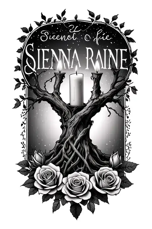 "Sienna raine" candles and roses tree of life intertwined tattoo design idea
