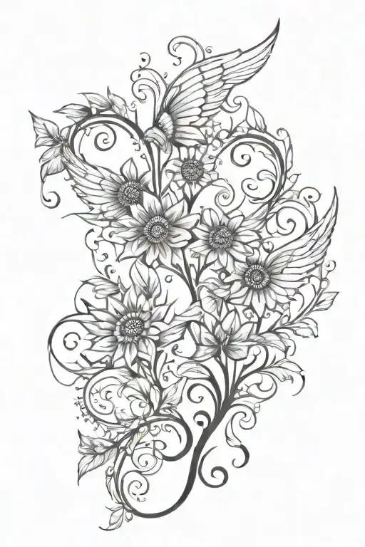 western sunflower vine and angel wings tattoo design idea