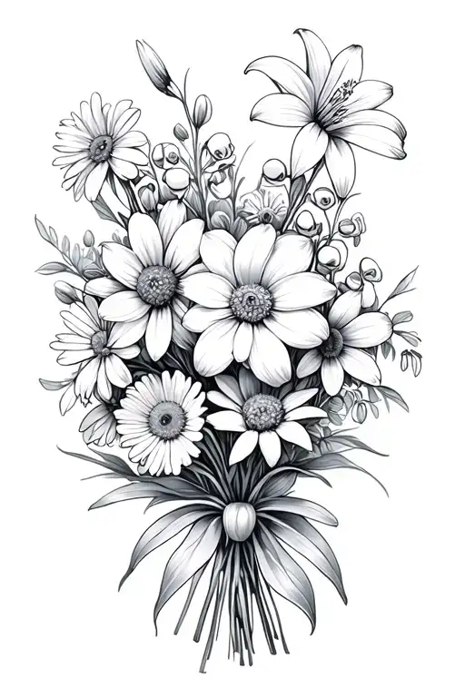 dainty fine line flowers bouquet of a paperwhite narcissus, lilly of the valley, chrysanthemum, cosmos, daisy, sweetpea, tattoo design idea