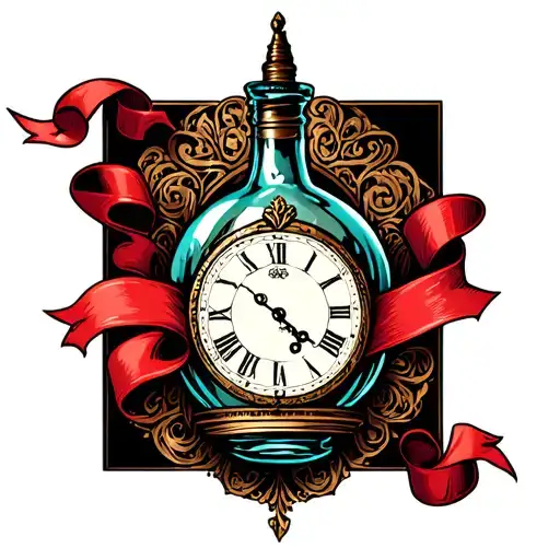 vintage bottle with vintage clock inside. Filigree design outside bottle. Ribbon inside bottle for time. tattoo design idea