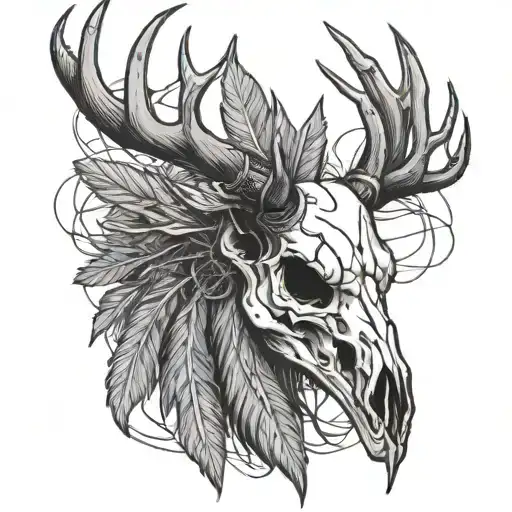 deer skull with barb wire and turkey feathers falling tattoo design idea