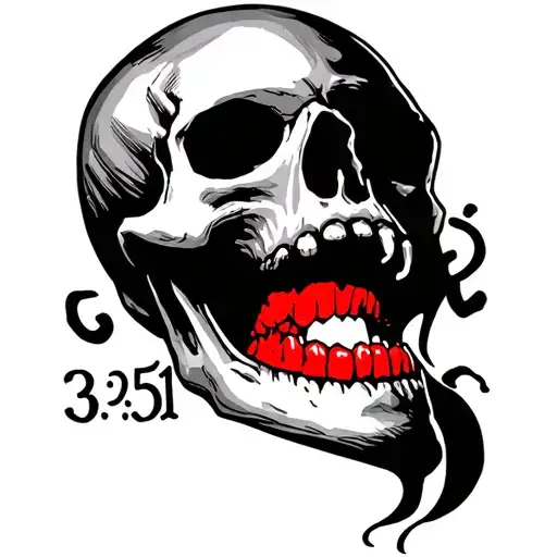 it’s a Hand Tattoo basically. A skull’s nose and mouth with the timestamp “3:51” in red ink in the mouth of the skull tattoo design idea