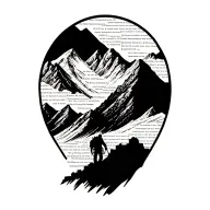 A silhouette of a hiker reaching the summit of a mountain, with pages from a book forming the mountain peaks in the background tattoo design idea