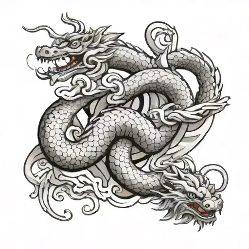 Design a traditional Japanese-style black and white arm sleeve tattoo. Center the composition around a snake and dragon  tattoo design idea