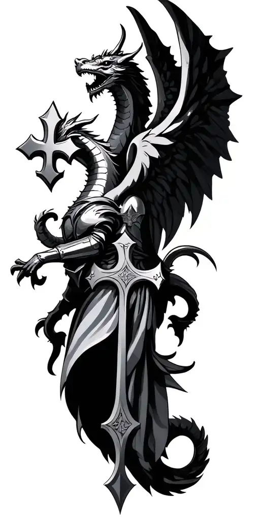 Occitan cross, fleur de lys, dragon, knight with angel wings tattoo design idea