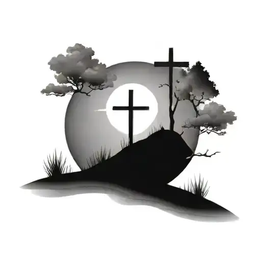 simple  3 cross tatoo on hill  with tair way leading to it  tattoo design idea