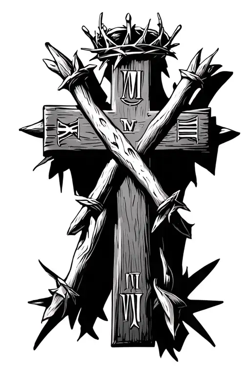 a cross made with two nails and then a crown of thorns above it then the roman numerals MMVII on the side vertically  tattoo design idea