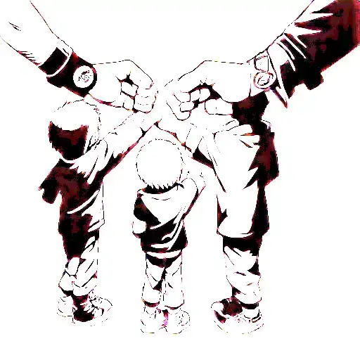 adult and 2 kids fist bumping each other wearing naruto logo on wrist tattoo design idea