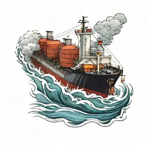 oil tanker ship, approaching me a with waves, minimalist, super detailed tattoo design idea
