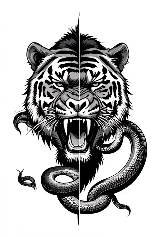 half face tiger, half face gorilla, split in half with blank space for text in the middle, roaring, surrounded by snakes tattoo design idea