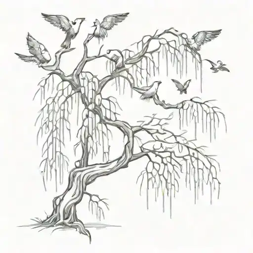 weeping willow tree birds flying away tattoo design idea
