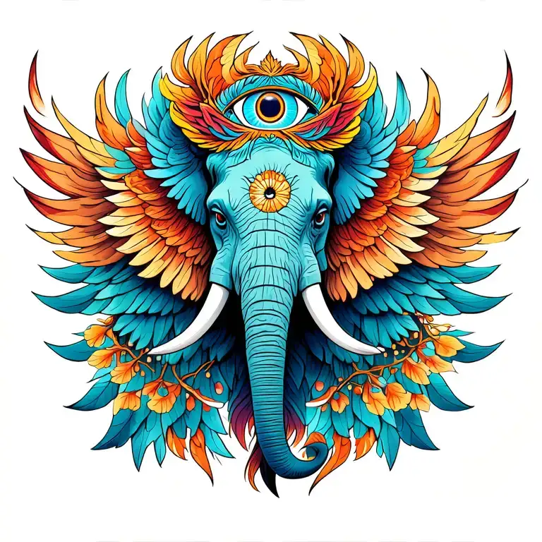elephant phoenix peace calm third eye tattoo design idea