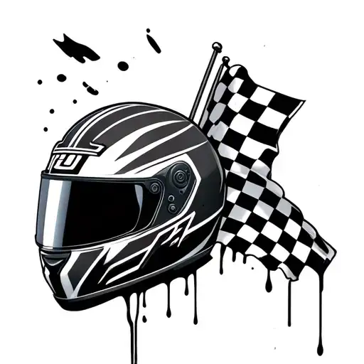 full face motorcycle racing helmet with number 4, and checkered flag stuck in the top breaking helmet bleeding tattoo design idea