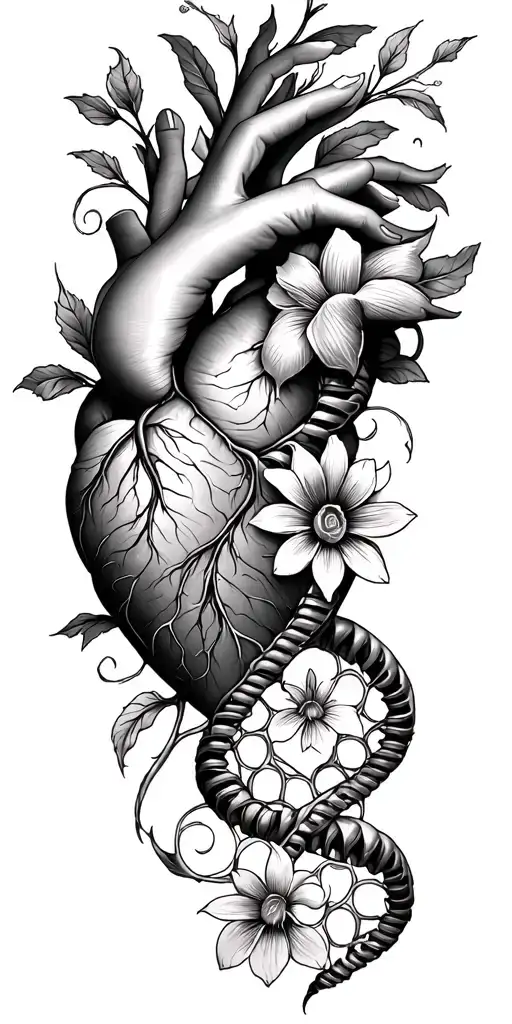 3 dna strands flowing from the heart traveling to the left arm and ending as 3 flower of life tattoo design idea