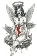 Sexy Angel, pale skin, Big breasts, Wide Hips, Angel wings, Halo, G-String, Revealing bra, Sexual, Bloody, Seductive. tattoo design idea