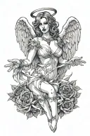 Sexy Angel, pale skin, Big breasts, Wide Hips, Angel wings, Halo, G-String, Revealing bra, Sexual, Bloody, Seductive. tattoo design idea
