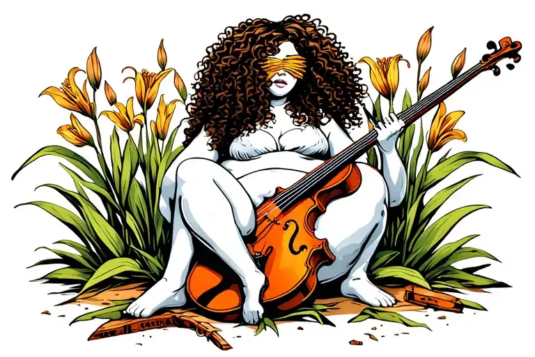 plus size woman sitting on a tiger lily with a broken violin on the ground. woman has curly hair that covers her eyes tattoo design idea