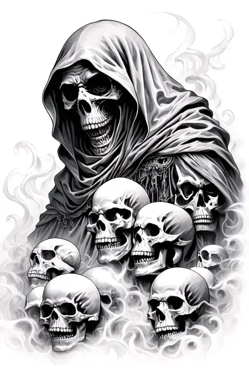 grim reaper with 23 skulls surrounded by mist shadow tattoo design idea