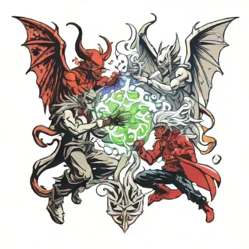 fight scene between devils and angels smoking weed tattoo design idea