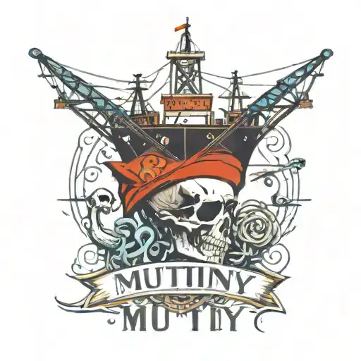 Container ship with a crane behind and a skull and anchor with the text MUTINY tattoo design idea