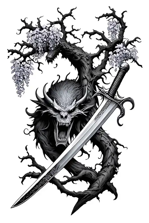 Wisteria tree branches and katana swords with demons tattoo design idea