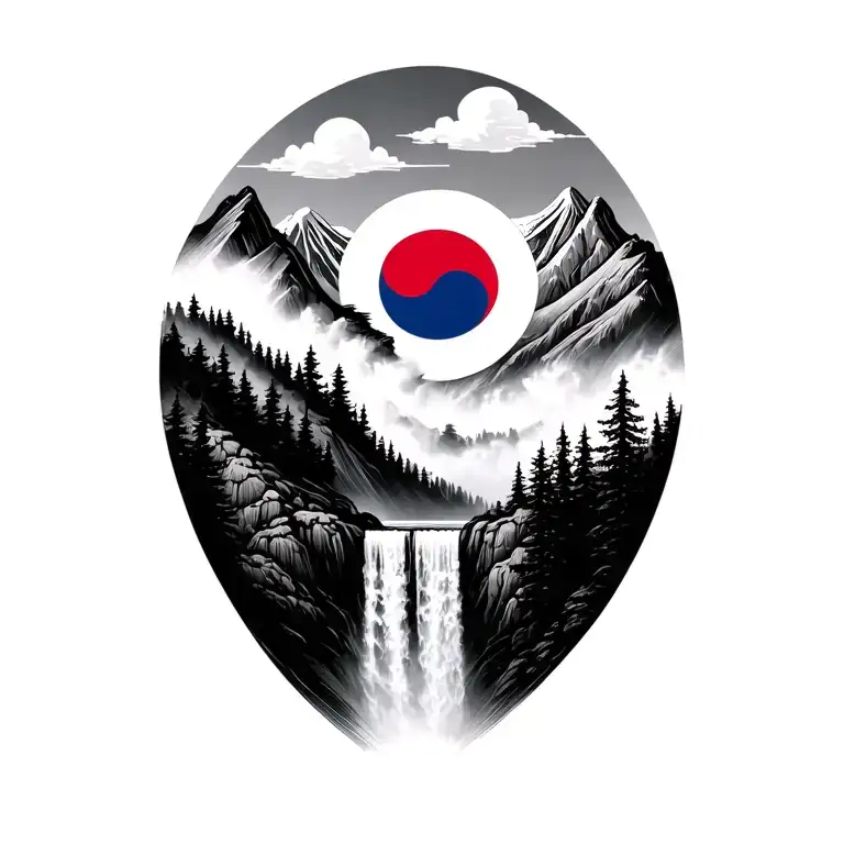Brush stroke of mountains that has a waterfall and trees with the korean flag centered and on top with the sky and cloud tattoo design idea