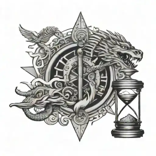 discreet feathered serpent and a hourglass filled with waves and a compass tattoo design idea
