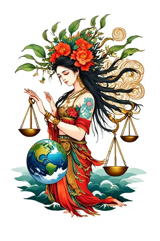 goddess Gaia holding earth and libra scale tattoo design idea