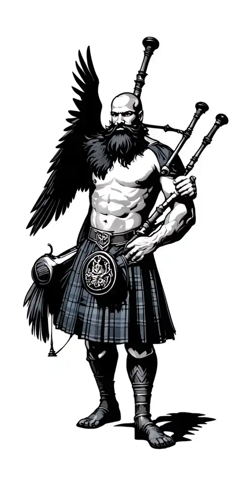 shirtless muscular bagpiper bald black beard  big wings playing bagpipes in arm tattoo design idea