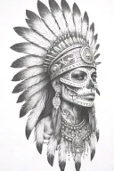 aztec warrior girl, skeletal fierce face, crown skull, geometric patterns feathers, spirituality, afterlife, death tattoo design idea