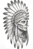 aztec warrior girl, skeletal fierce face, crown skull, geometric patterns feathers, spirituality, afterlife, death tattoo design idea