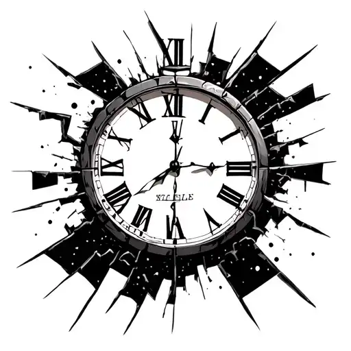 broken shattered clock with roman numerals and pieces flying off of it  tattoo design idea