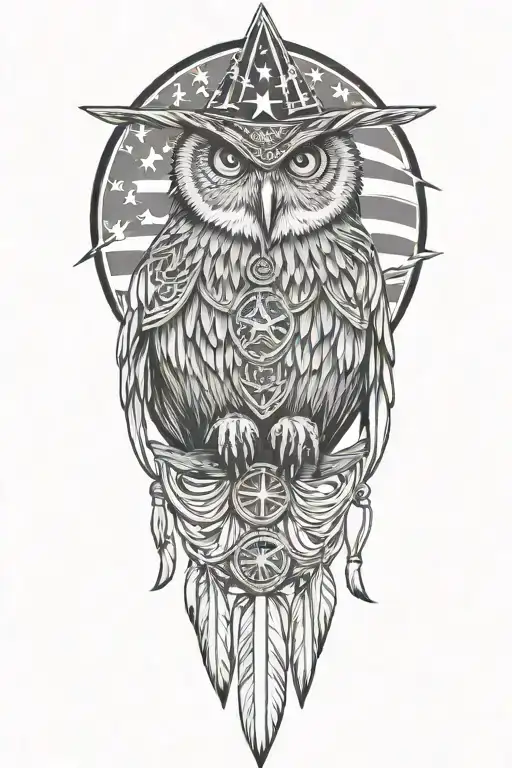 wizard owl with Native American necklace and earring and american flag tattoo design idea