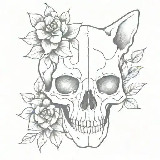 cat skull with flowers intertwined tattoo design idea