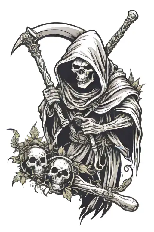 A tattoo of a hooded grim reaper holding drumsticks as a scythe surrounded by broken drumsticks and moss tattoo design idea