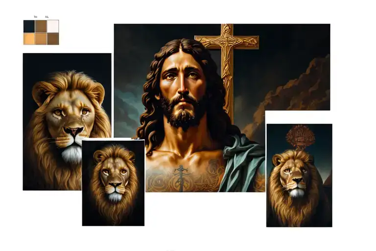 a Jesus Christ realisata on 1 breastplate, a crus in the middle of the chest and on the breastplate a lion tattoo design idea