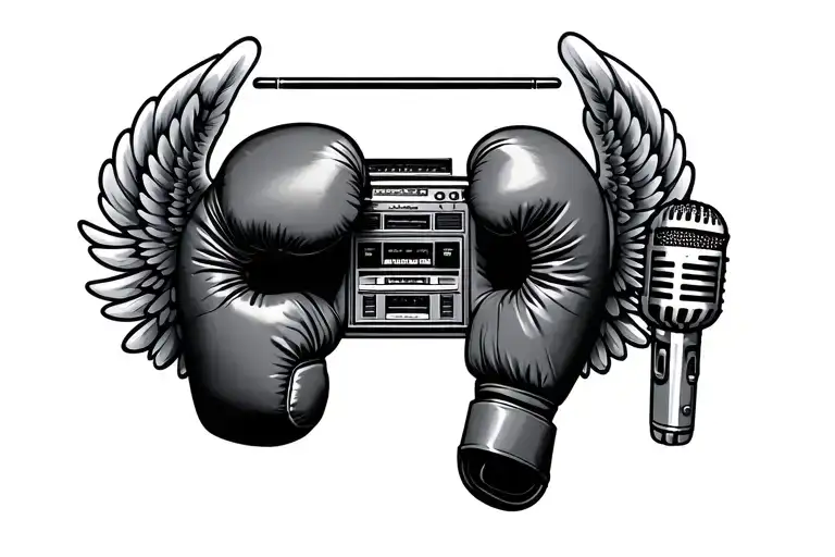 boxing gloves, wings, boombox, microphone tattoo design idea