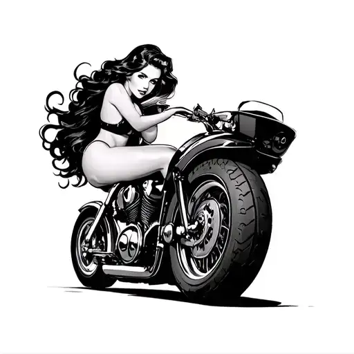 simple pin up girl on motorcycle tire black and grey tattoo design idea
