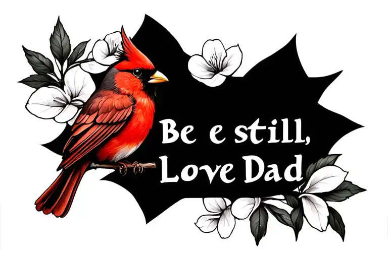 "Be still, Love Dad" dogwood and cardinal perched tattoo design idea