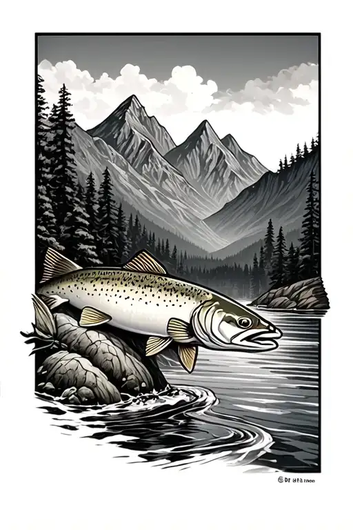 brook trout with mountains tattoo design idea