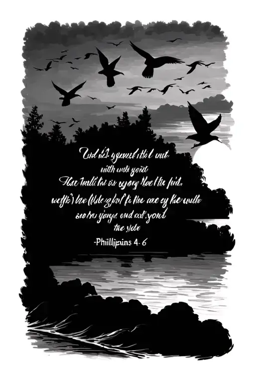 Philippians 4:6 with black sunset birds flying away tattoo design idea